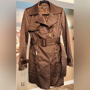 bebe Chocolate Brown Trench Coat with Gold Accents